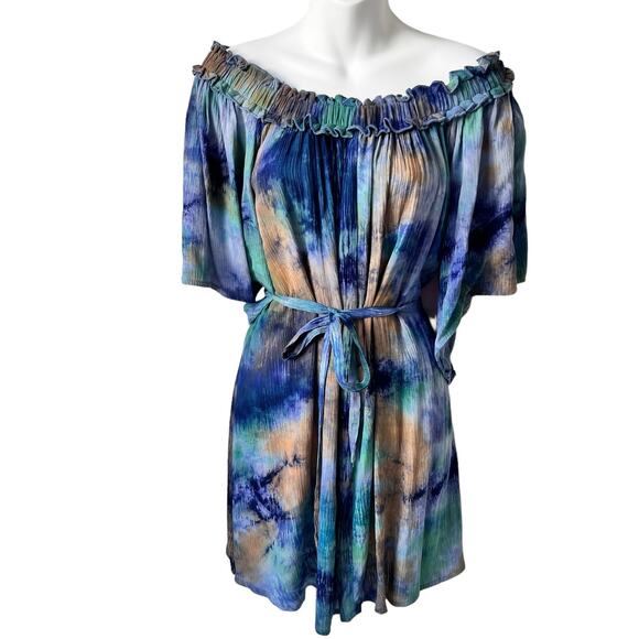 NEW Off Shoulder Tie Dye Dress Women Medium Tunic Blue Green Bell Sleeve Country - Picture 5 of 16